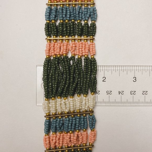 Boho Earth Tone Glass Seed Bead Wide Striped Coral Green Gold Beaded Bracelet - Picture 11 of 11